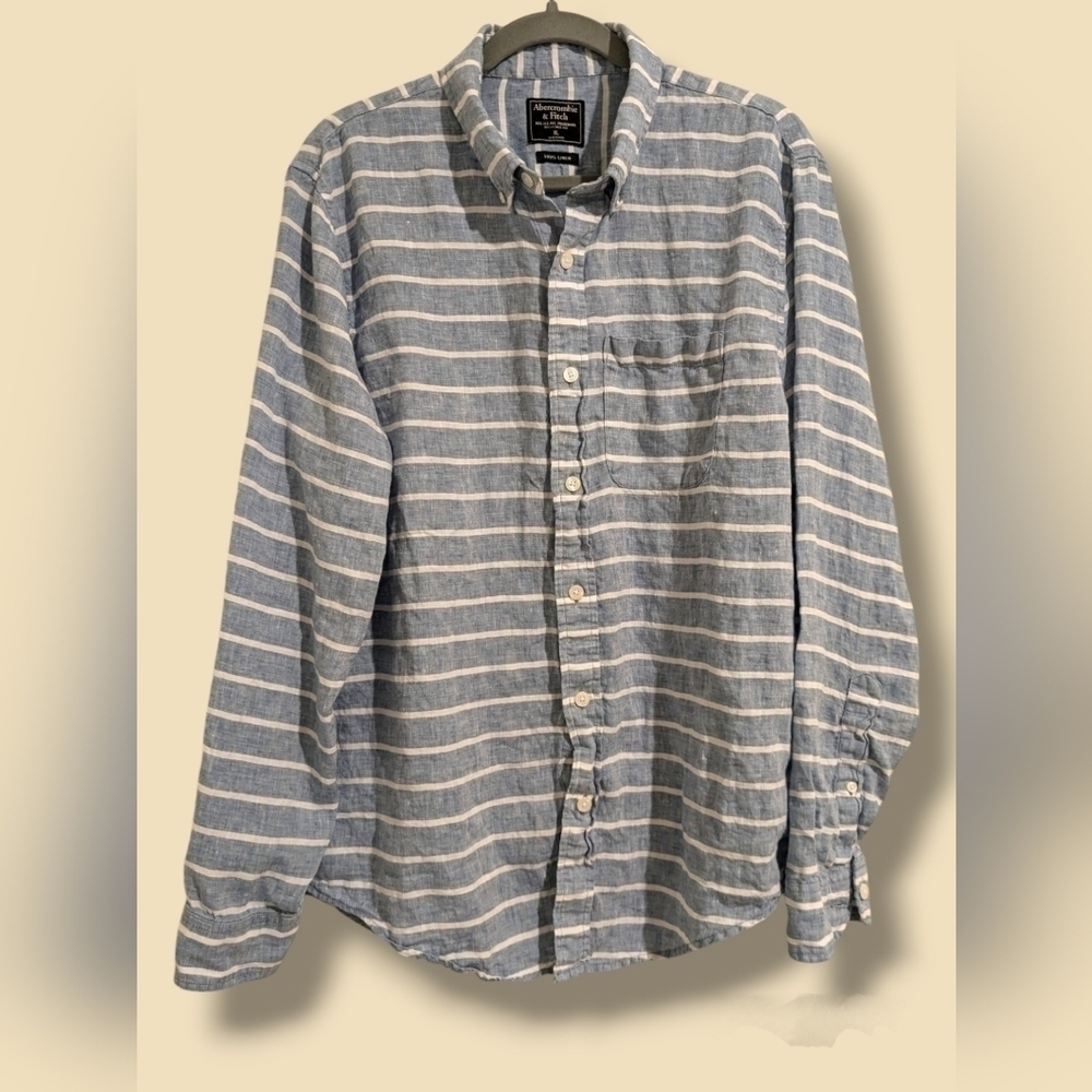 Abercrombie & Fitch Blue Striped 100% Linen Long Sleeve Button-Up Shirt Size XL
